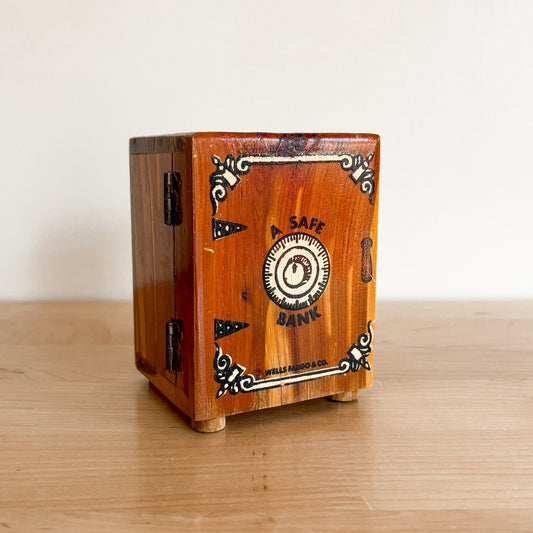 Vintage Wooden Wells Fargo Mini Safe Coin Bank