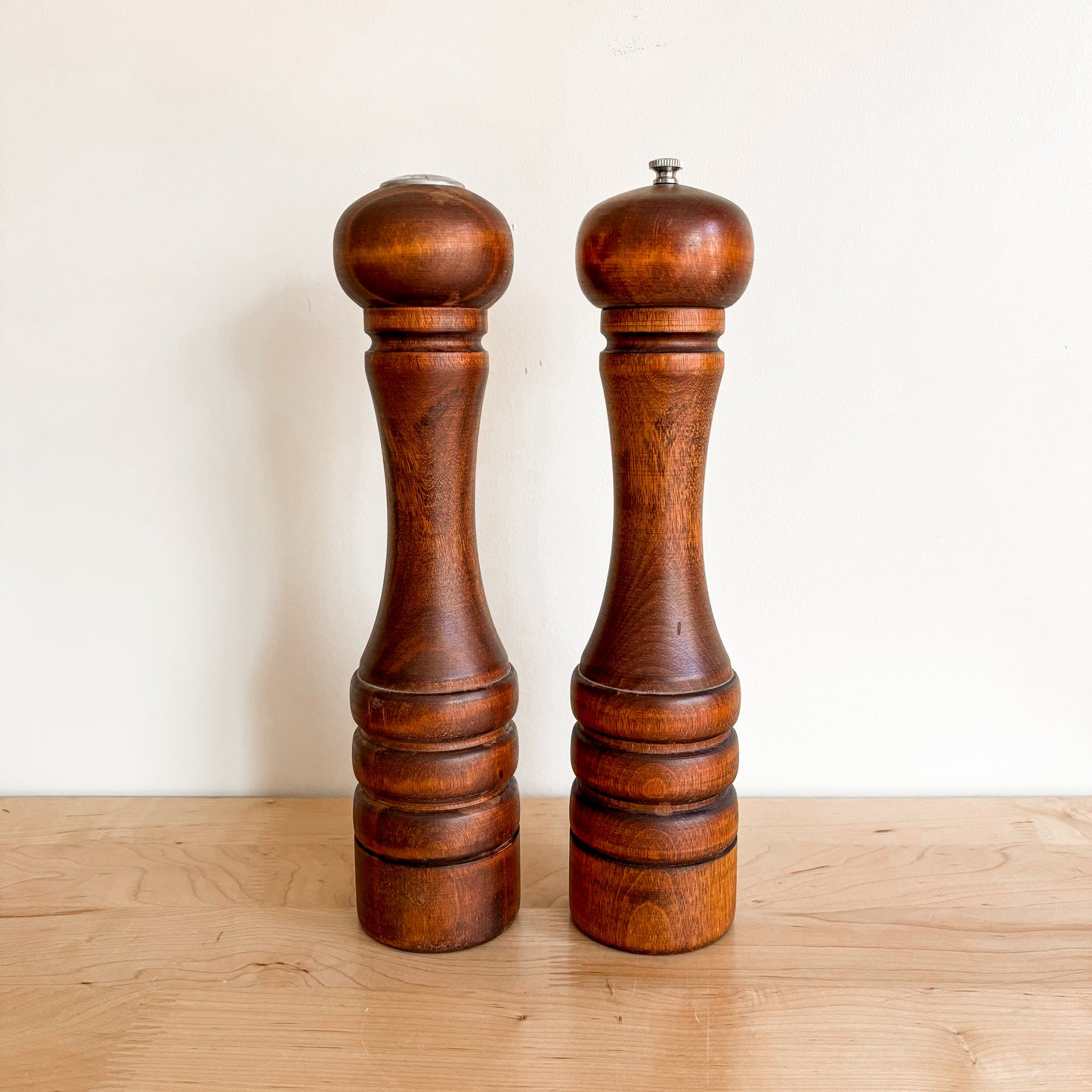 Vintage Baribocraft Maple 12" Dark Stain Pepper Mill and Salt Shaker