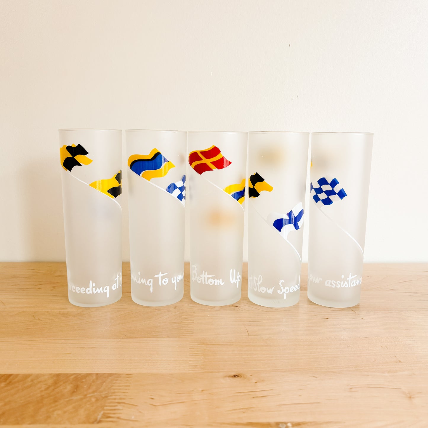 Vintage Libbey Nautical Sailing Flags Frosted Tall Highball Glassware (set of 5)