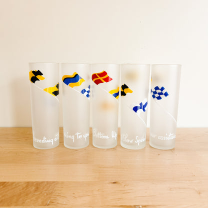 Vintage Libbey Nautical Sailing Flags Frosted Tall Highball Glassware (set of 5)