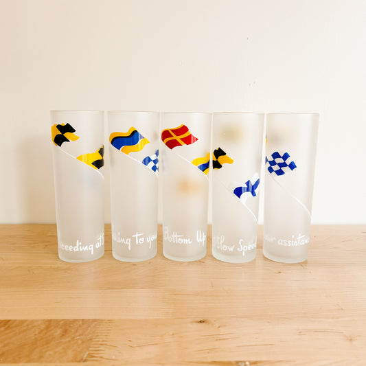 Vintage Libbey Nautical Sailing Flags Frosted Tall Highball Glassware (set of 5)