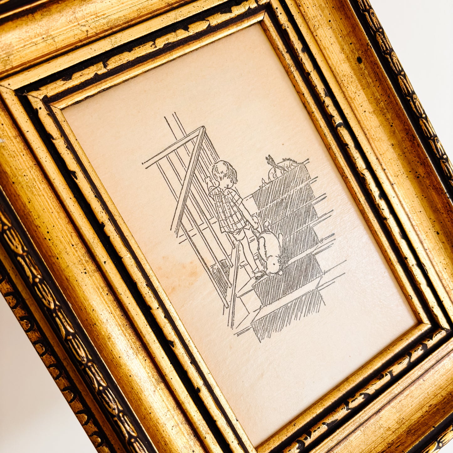 Winnie the Pooh Framed Artwork by E. H. Shepard - Christopher Robin and Pooh Go Uptairs