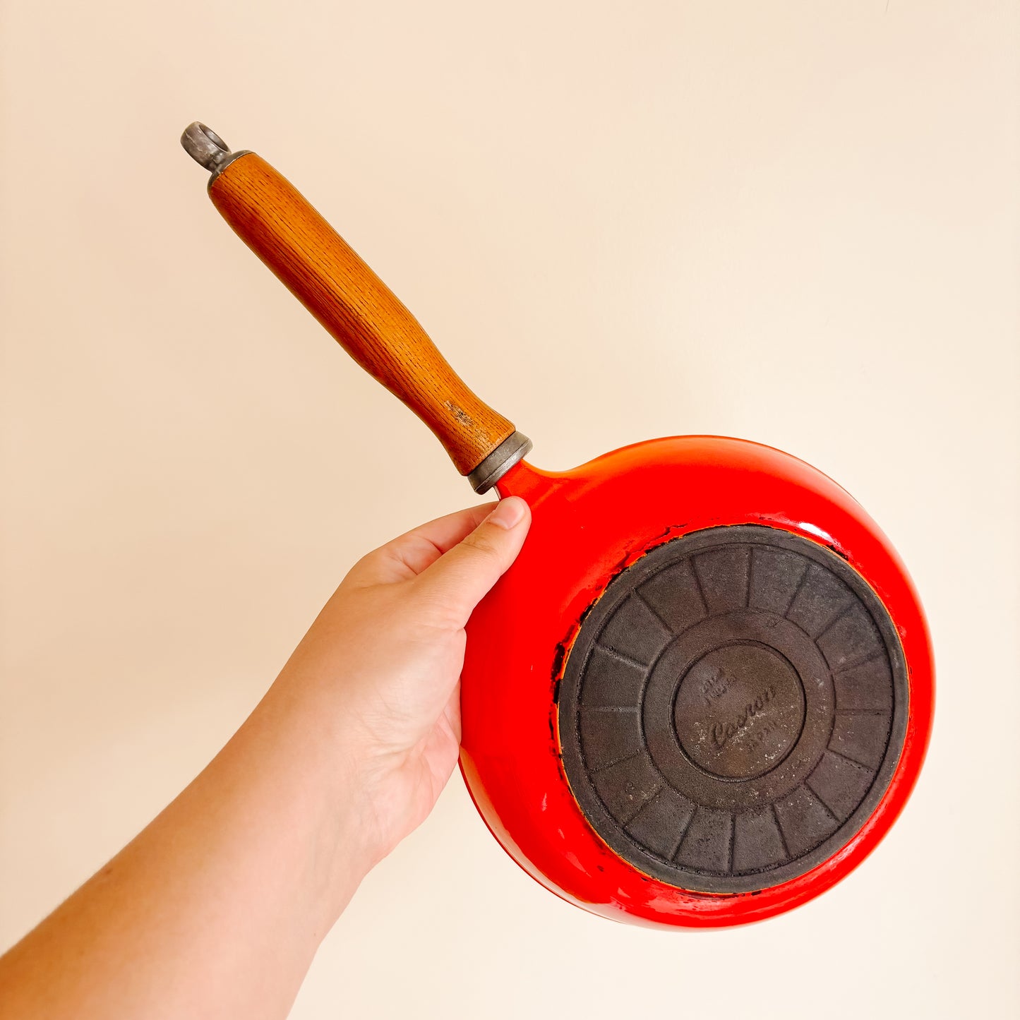 Casron Japan Flame Orange 8" Enamelware Skillet with Wooden Handle