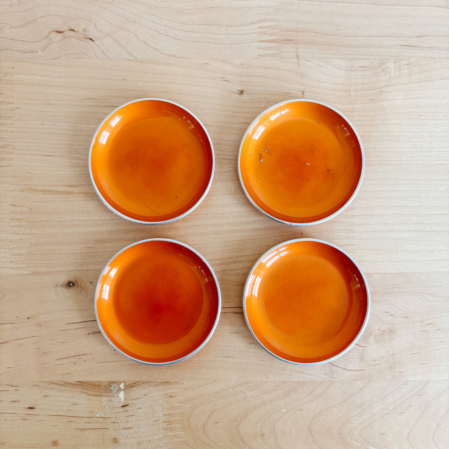 1960s MCM Emalox Norway Orange Enamel Small Plates - Set of 4