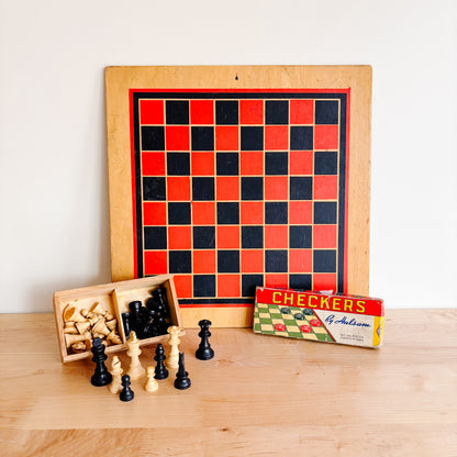 Wooden Chess and Checkers Board with Game Pieces