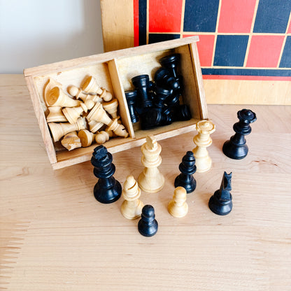 Wooden Chess and Checkers Board with Game Pieces