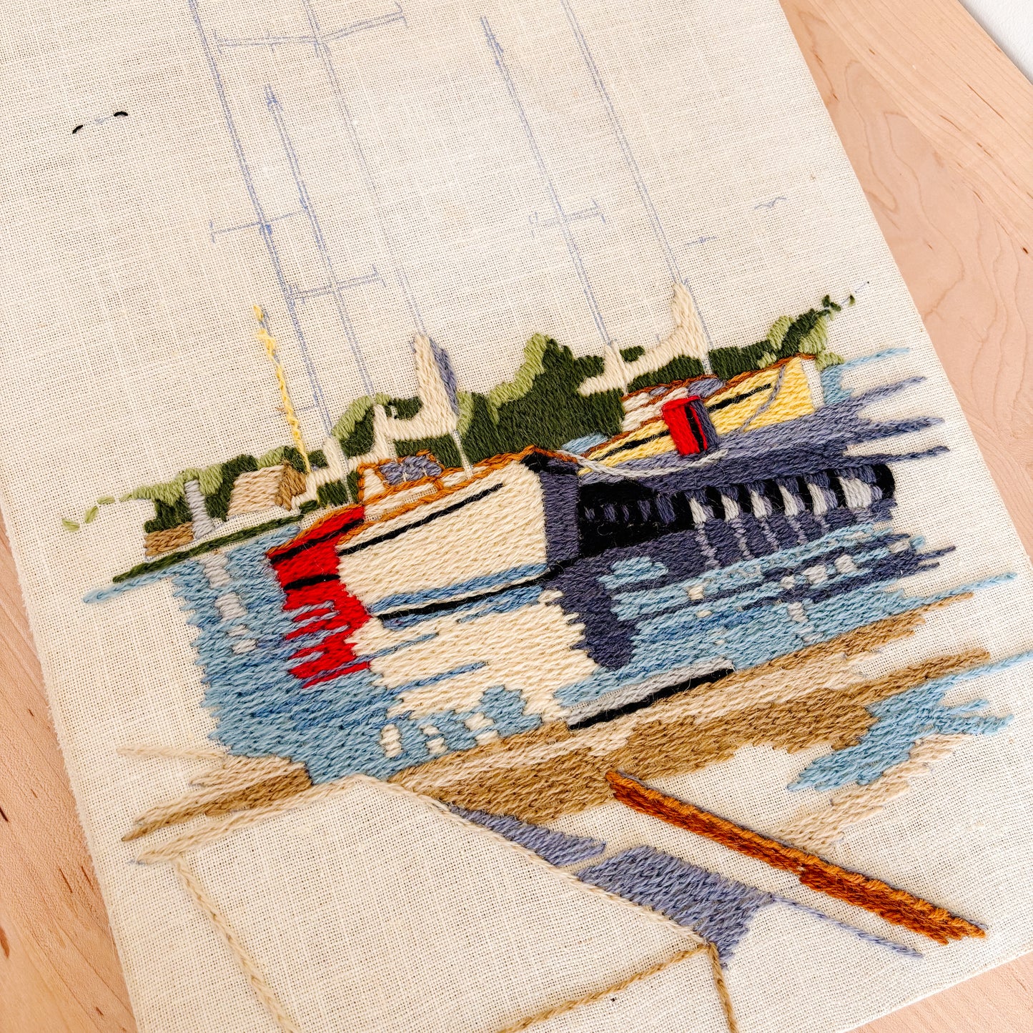 Sailboats in the Harbour Crewel Embroidery (Unfinished Piece)