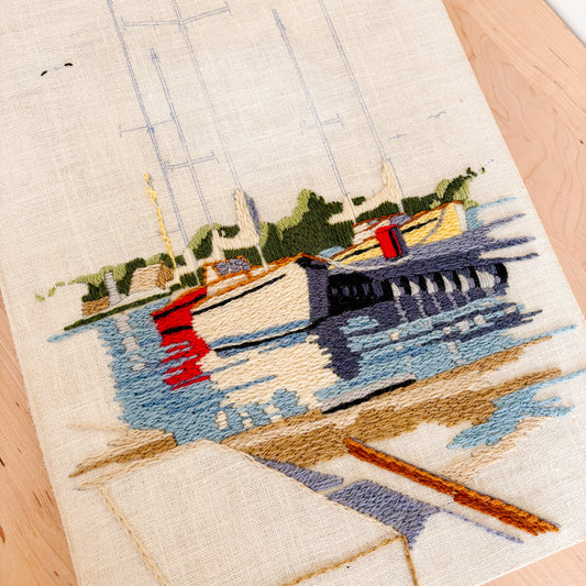Sailboats in the Harbour Crewel Embroidery (Unfinished Piece)