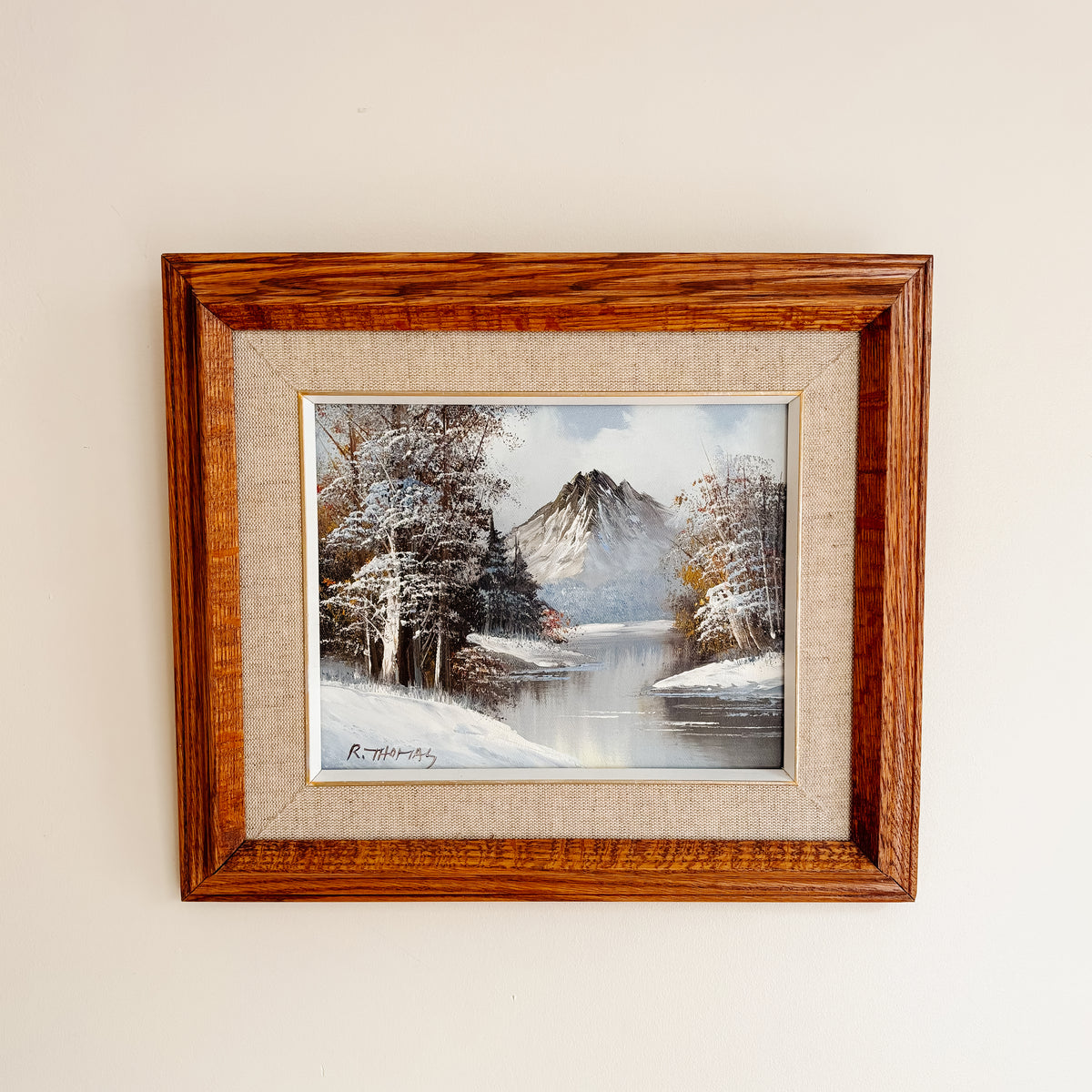 Framed Original Oil Painting - Winter River and Mountain - Signed R. Thomas - 15.5" x 13"