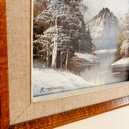 Framed Original Oil Painting - Winter River and Mountain - Signed R. Thomas - 15.5" x 13"