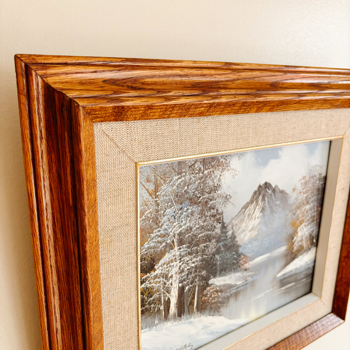 Framed Original Oil Painting - Winter River and Mountain - Signed R. Thomas - 15.5" x 13"