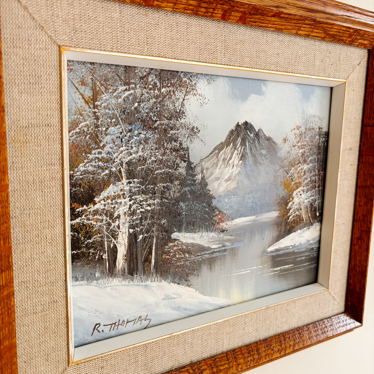 Framed Original Oil Painting - Winter River and Mountain - Signed R. Thomas - 15.5" x 13"
