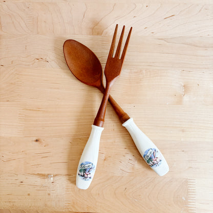1960s Florida Wooden Souvenir Salad Server Set with Flamingos