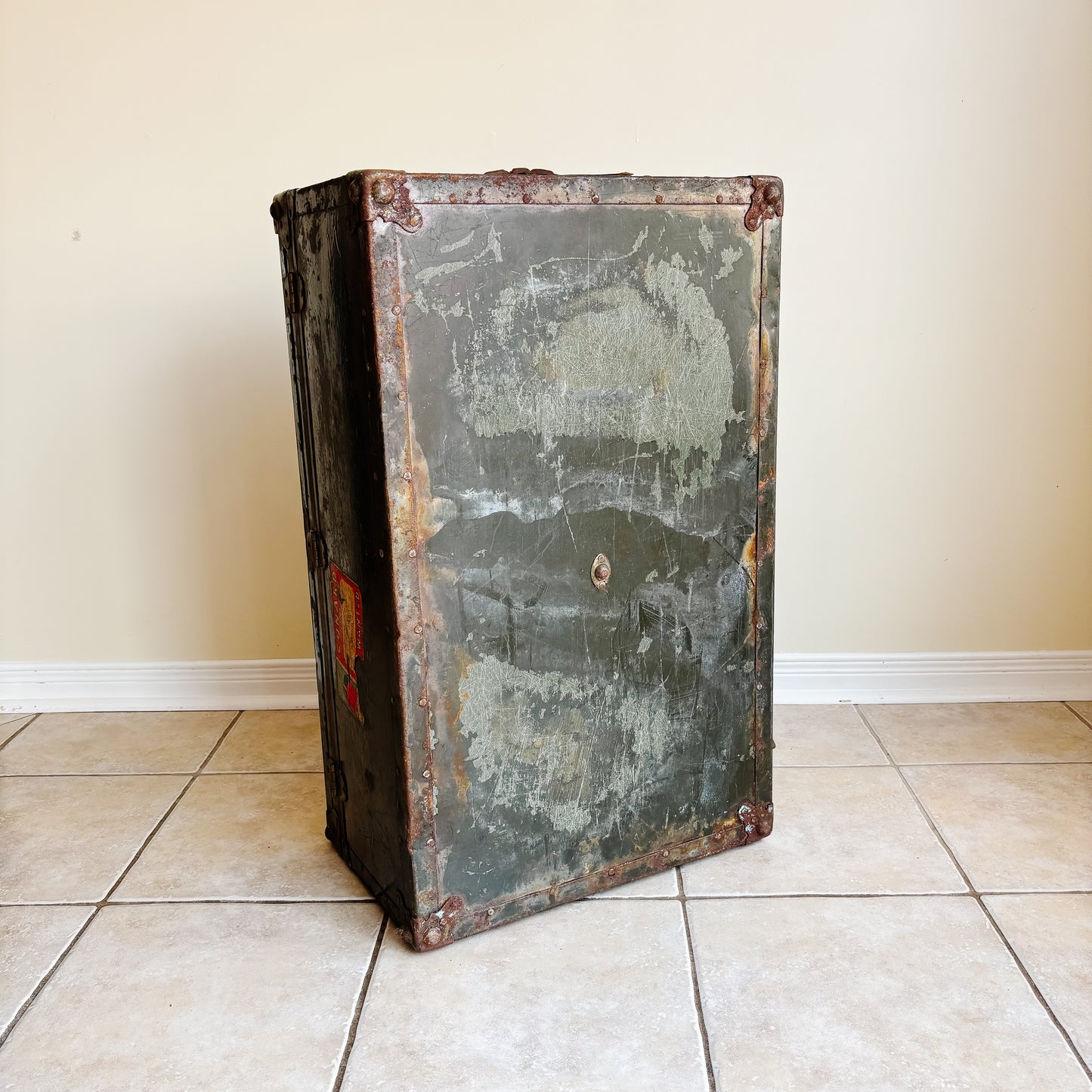 Vintage Black Metal Military Trunk with Cunard Stickers from Toronto Canada