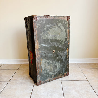 Vintage Black Metal Military Trunk with Cunard Stickers from Toronto Canada