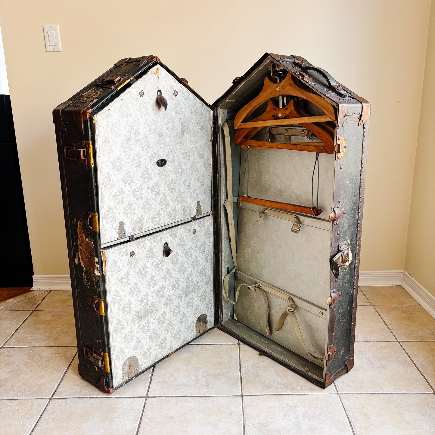 Vintage Wardrobe Steamer Trunk by Lamontagne Limited Montreal - Travel Stickers from 1950