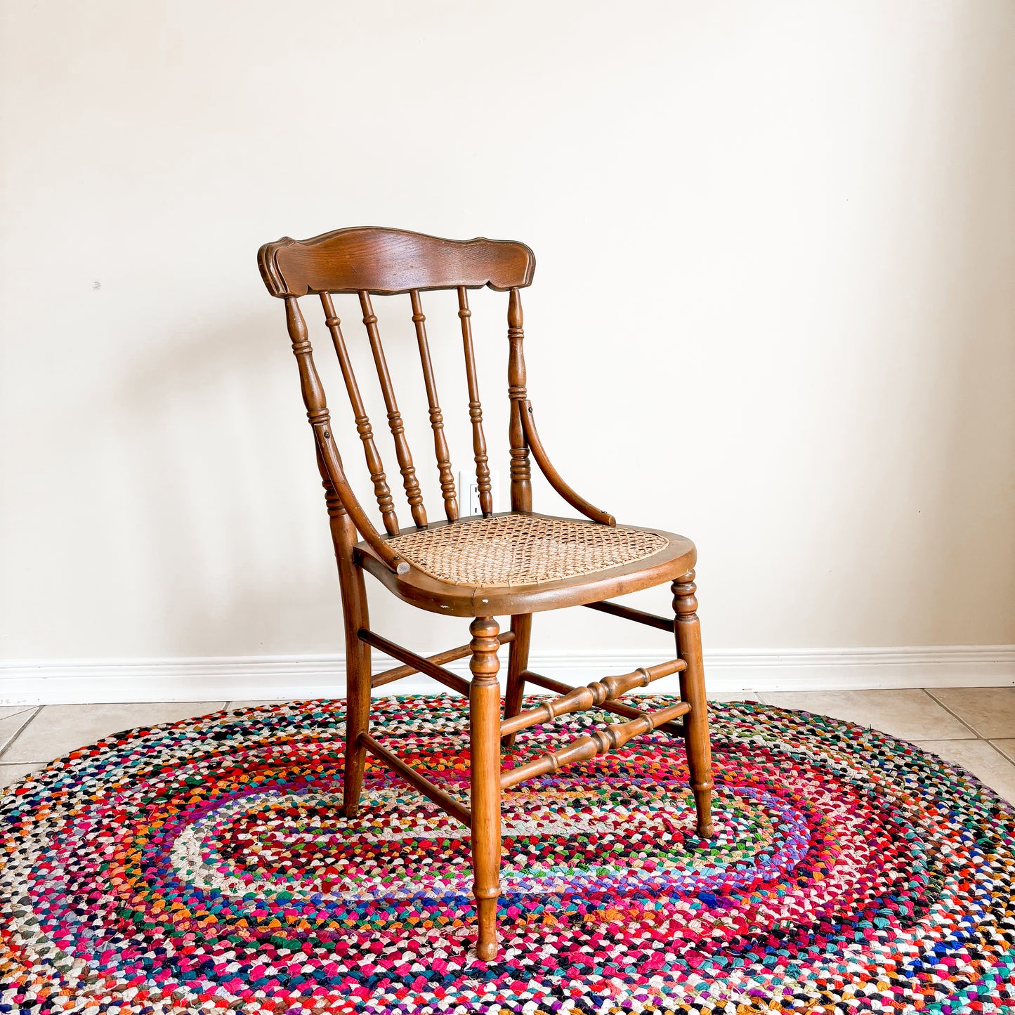Vintage Wood and Cane Spindle-Back Accent Chair