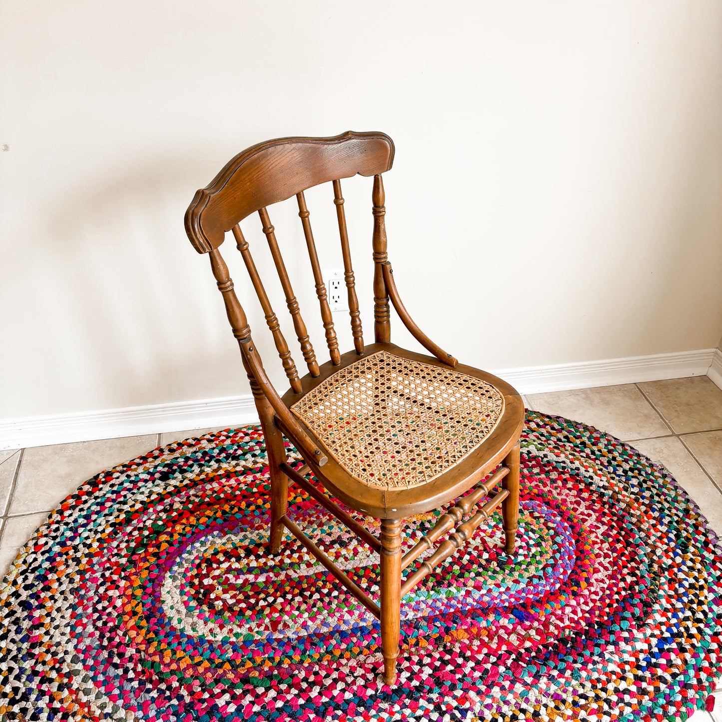 Vintage Wood and Cane Spindle-Back Accent Chair