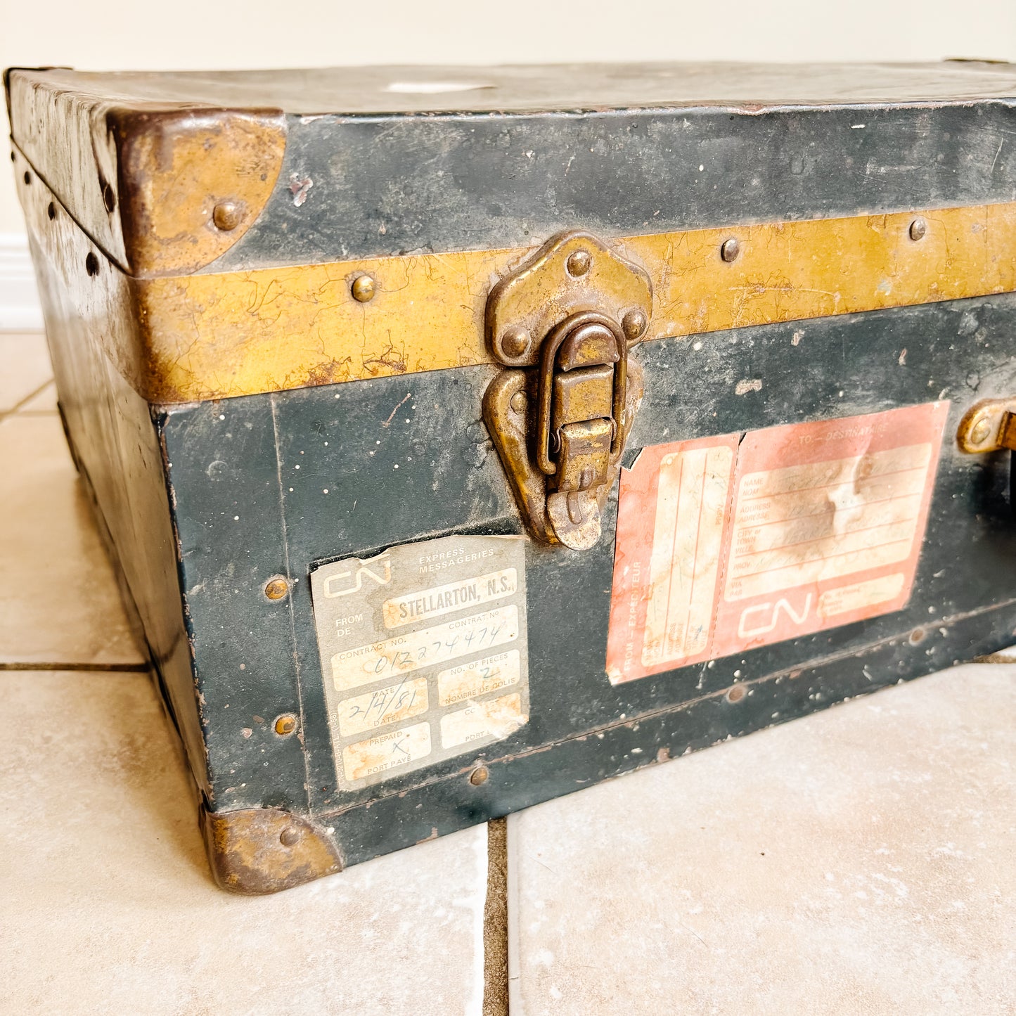 Vintage Navy Blue Metal Travel Case with Brass Accents and CN Rail Stickers