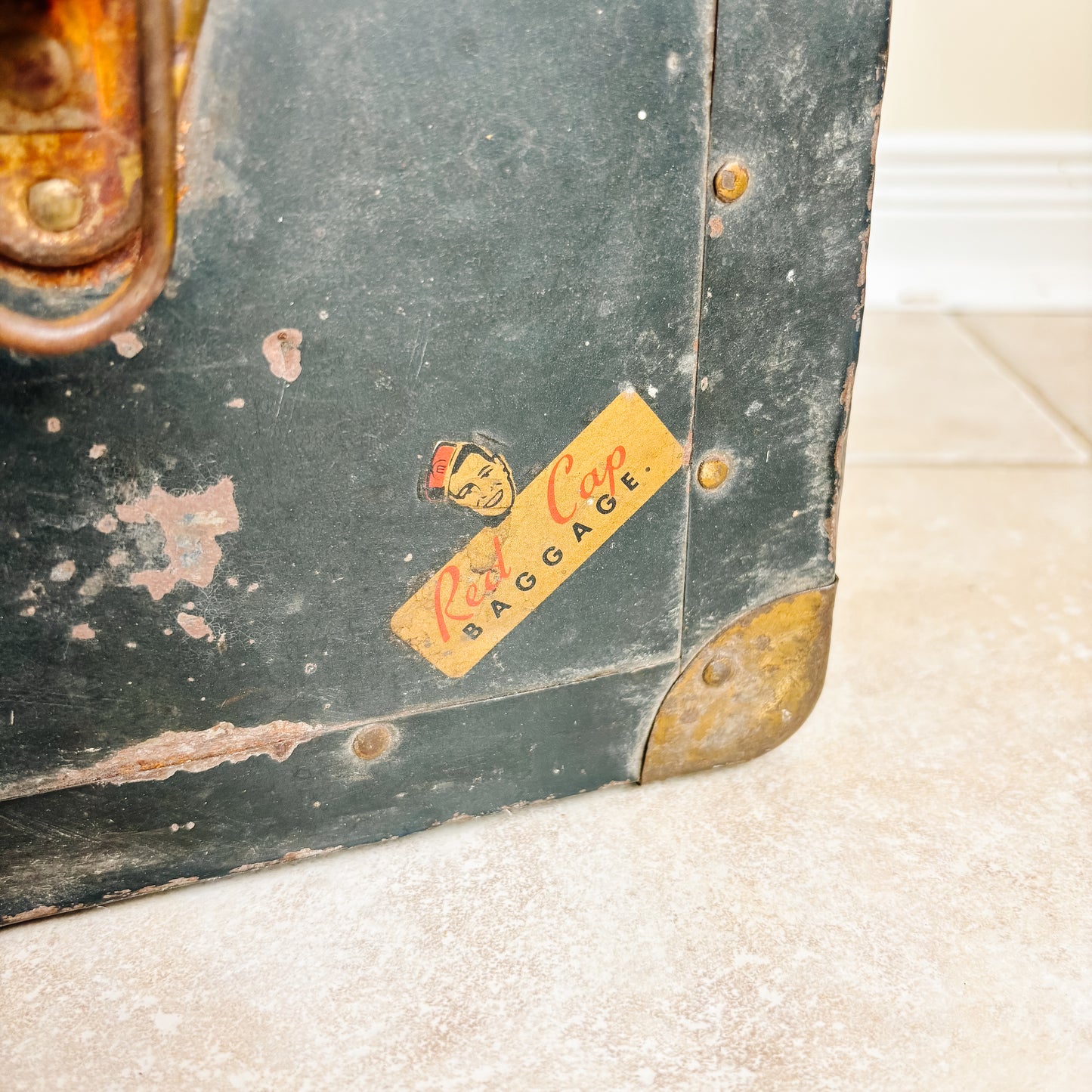 Vintage Navy Blue Metal Travel Case with Brass Accents and CN Rail Stickers