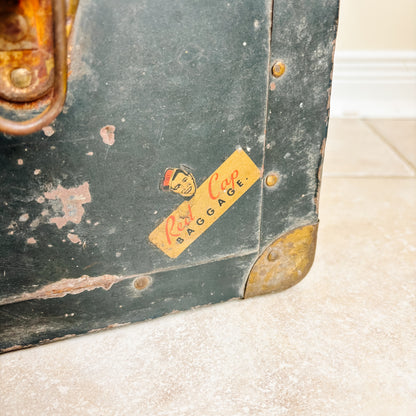 Vintage Navy Blue Metal Travel Case with Brass Accents and CN Rail Stickers