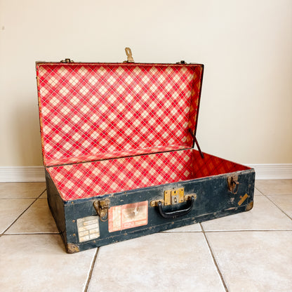 Vintage Navy Blue Metal Travel Case with Brass Accents and CN Rail Stickers
