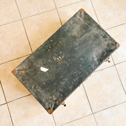 Vintage Navy Blue Metal Travel Case with Brass Accents and CN Rail Stickers