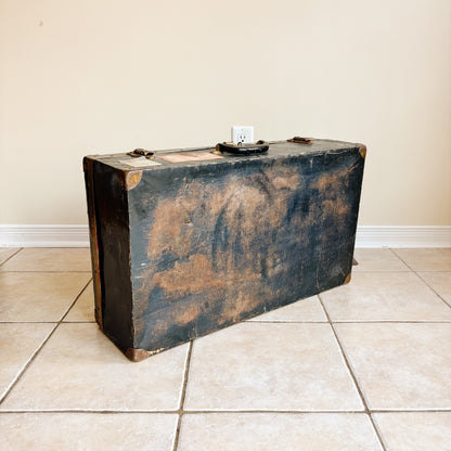 Vintage Navy Blue Metal Travel Case with Brass Accents and CN Rail Stickers