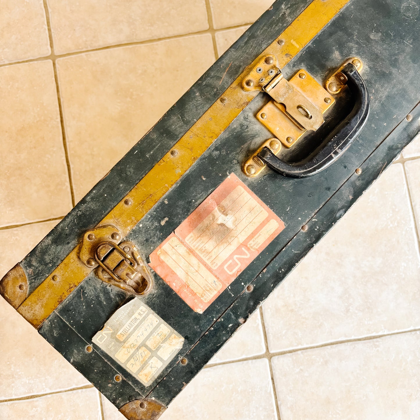 Vintage Navy Blue Metal Travel Case with Brass Accents and CN Rail Stickers