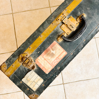 Vintage Navy Blue Metal Travel Case with Brass Accents and CN Rail Stickers