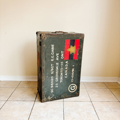 Vintage Black Metal Military Trunk with Cunard Stickers from Toronto Canada