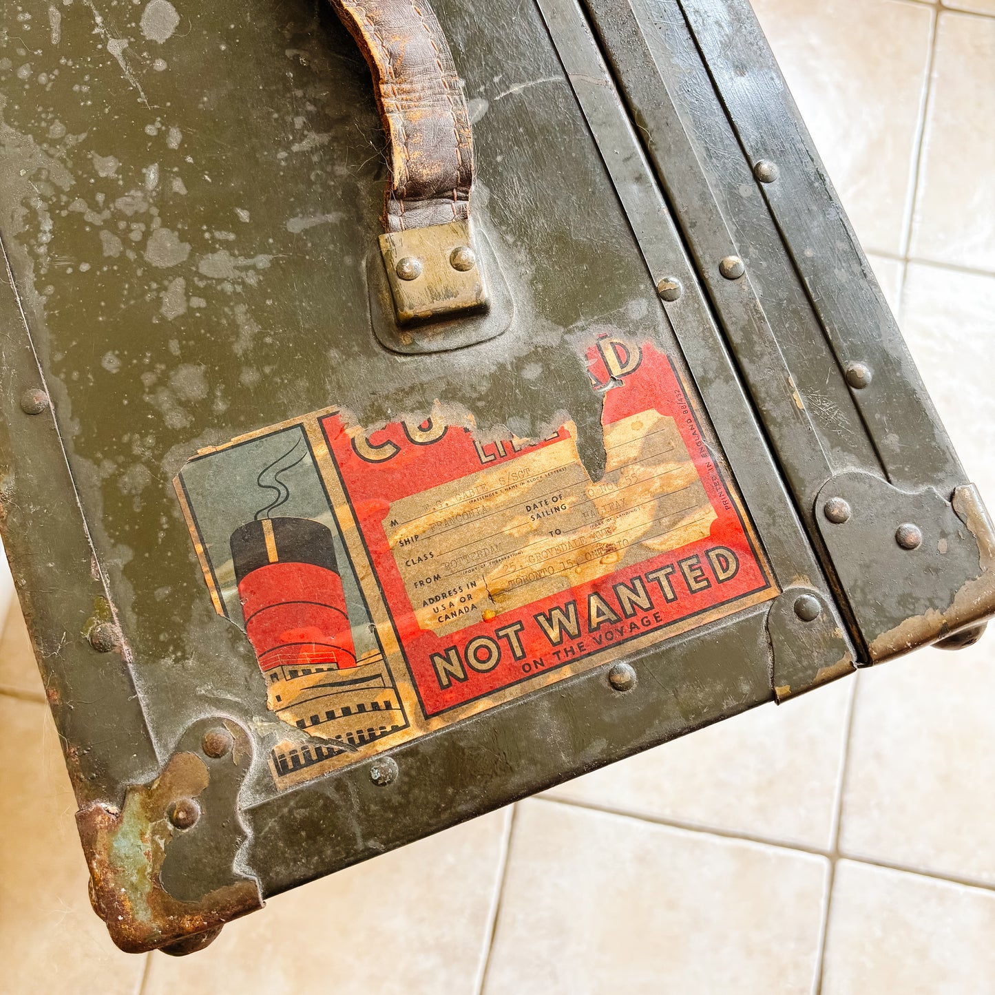 Vintage Black Metal Military Trunk with Cunard Stickers from Toronto Canada