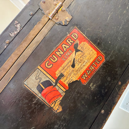 Vintage Black Metal Military Trunk with Cunard Stickers from Toronto Canada