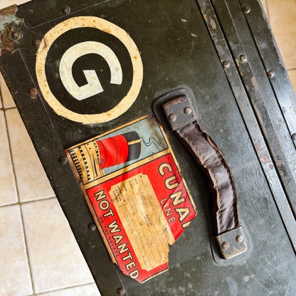 Vintage Black Metal Military Trunk with Cunard Stickers from Toronto Canada
