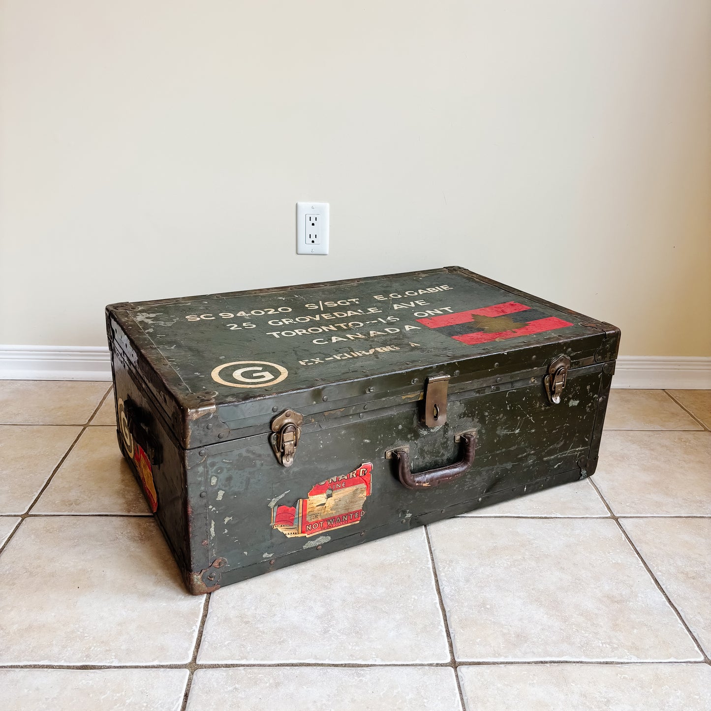 Vintage Black Metal Military Trunk with Cunard Stickers from Toronto Canada