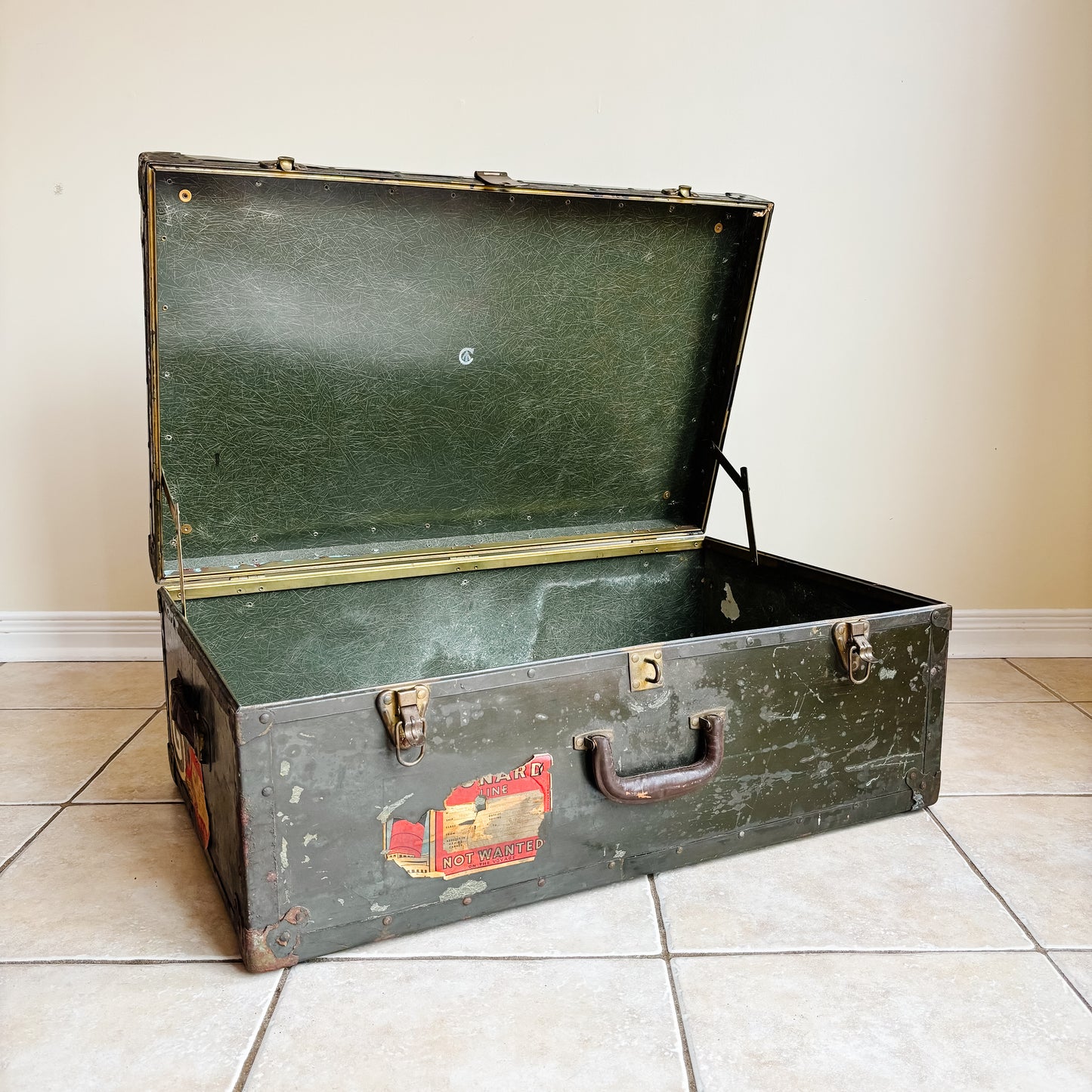 Vintage Black Metal Military Trunk with Cunard Stickers from Toronto Canada