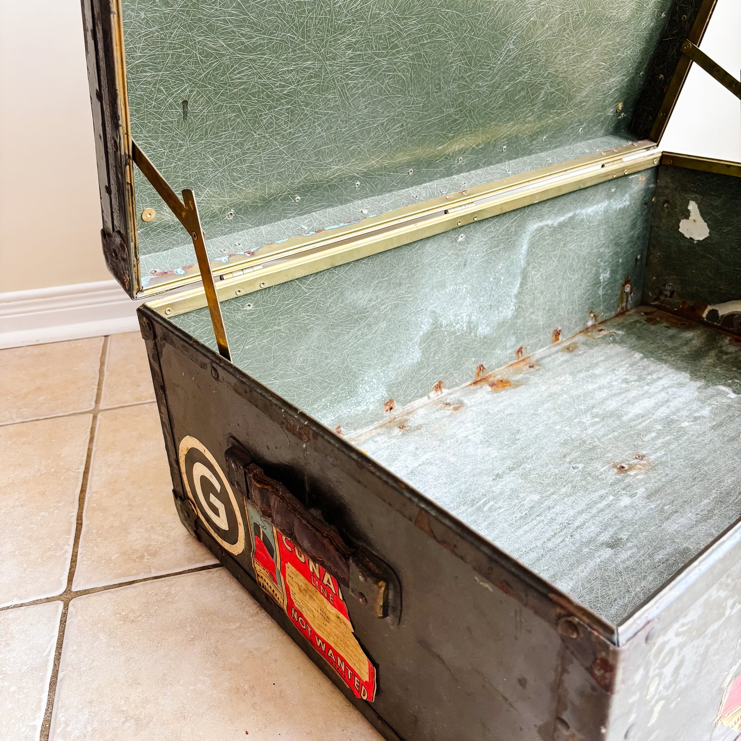 Vintage Black Metal Military Trunk with Cunard Stickers from Toronto Canada