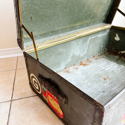 Vintage Black Metal Military Trunk with Cunard Stickers from Toronto Canada