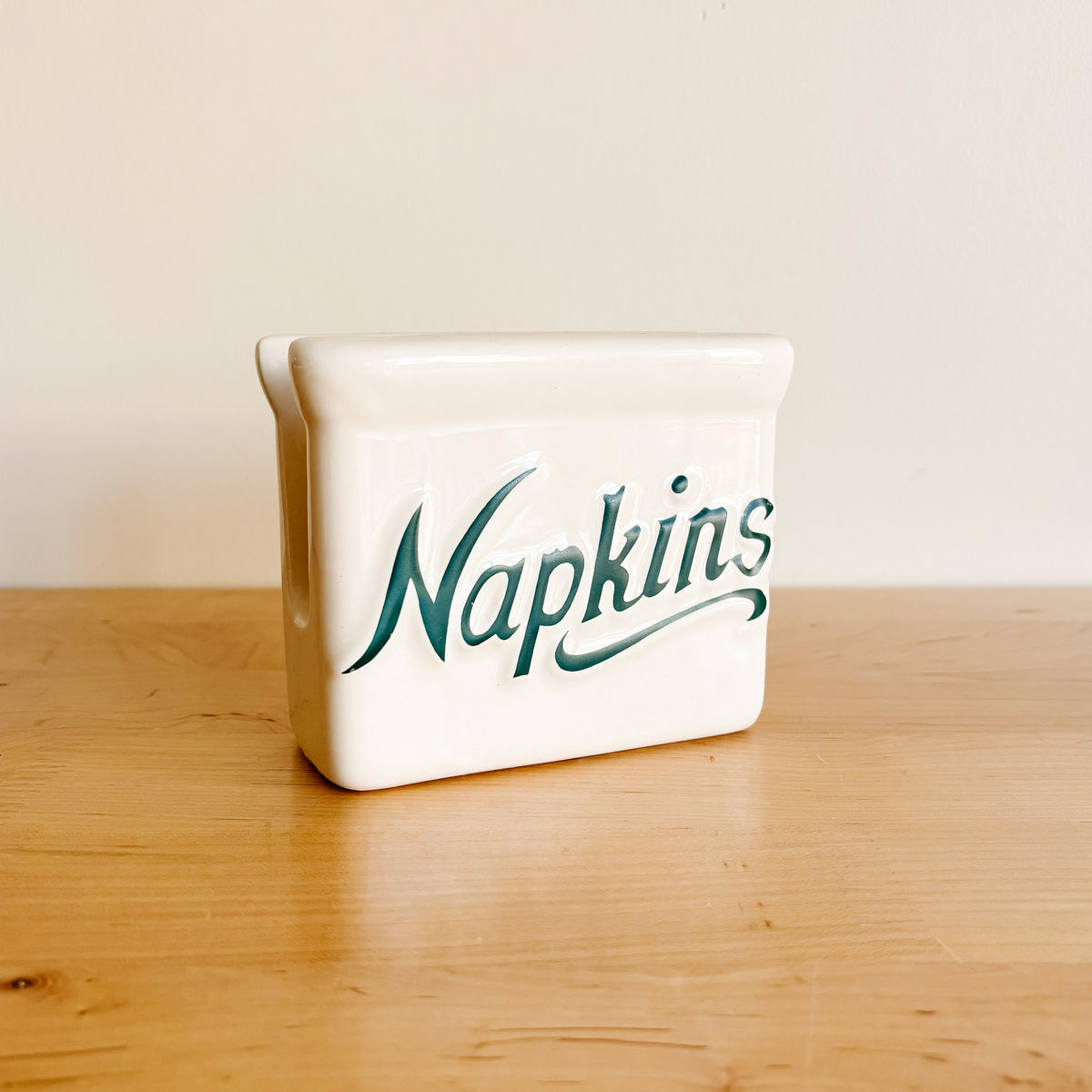 1980s Himark Cream Ceramic with Green Script Accent "Napkins" Holder