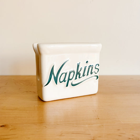 1980s Himark Cream Ceramic with Green Script Accent "Napkins" Holder