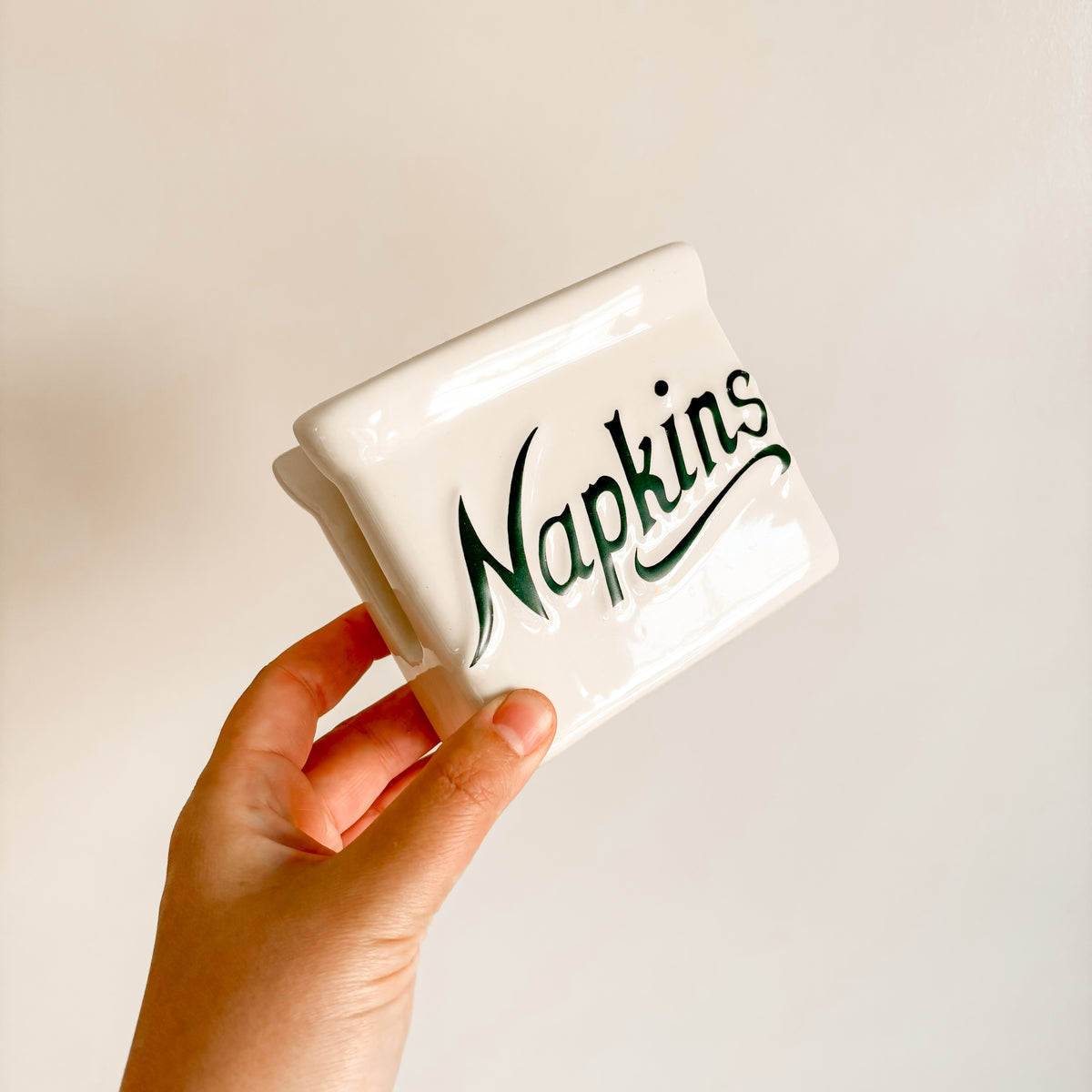 1980s Himark Cream Ceramic with Green Script Accent "Napkins" Holder