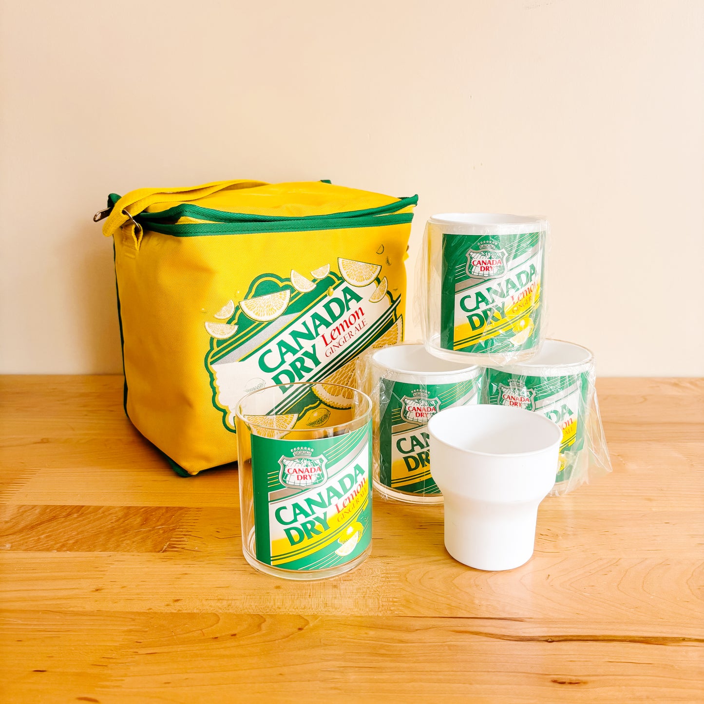 1980s Canada Dry Lemon Ginger Ale Cooler and Glassware Set