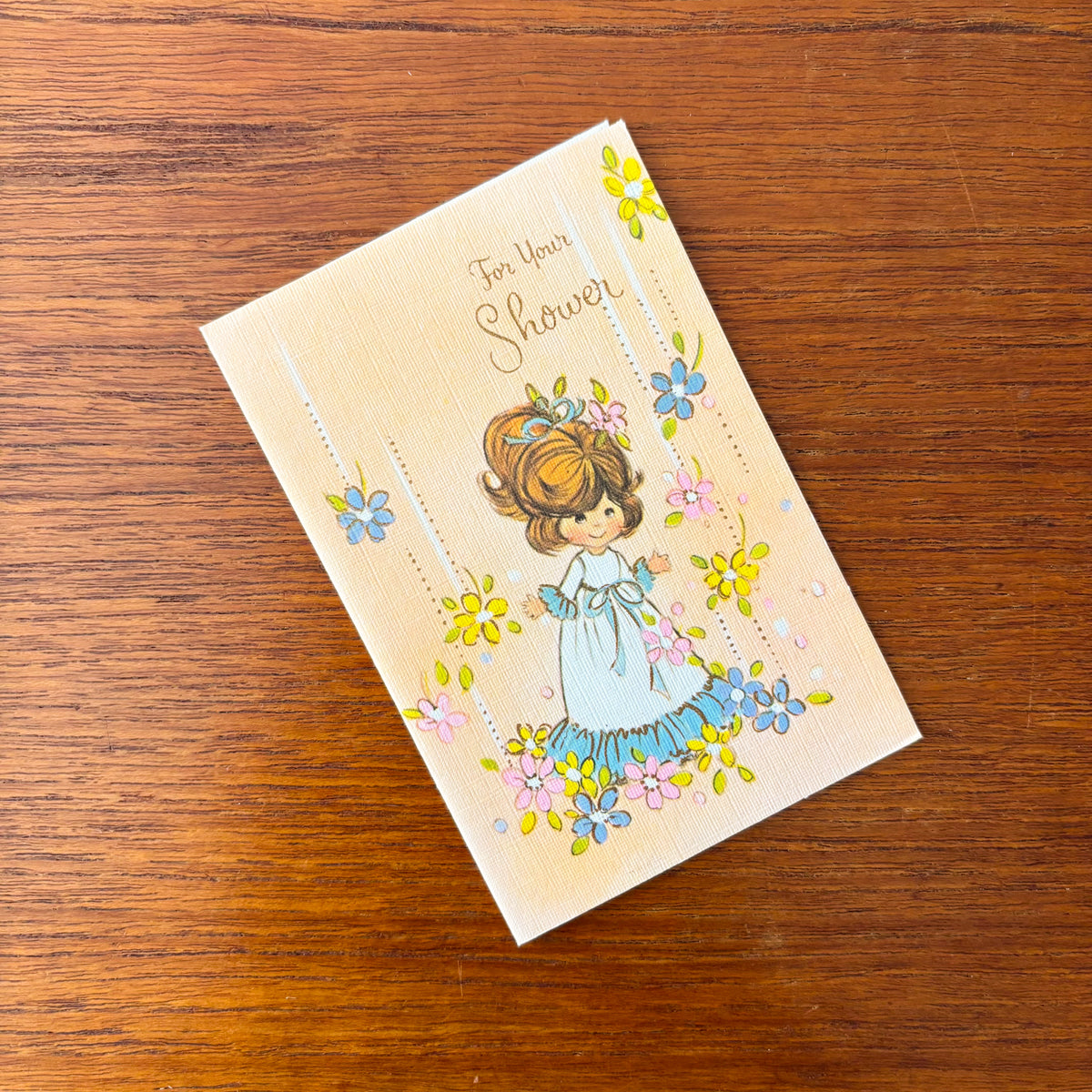 Vintage Greeting Card - Bridal Shower Girl in Blue Dress - 1960s Canada Lithograph Card