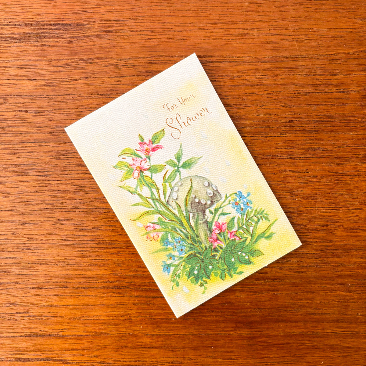 Vintage Greeting Card - Bridal Shower Rainy Mushroom - 1960s Canada Lithograph Card