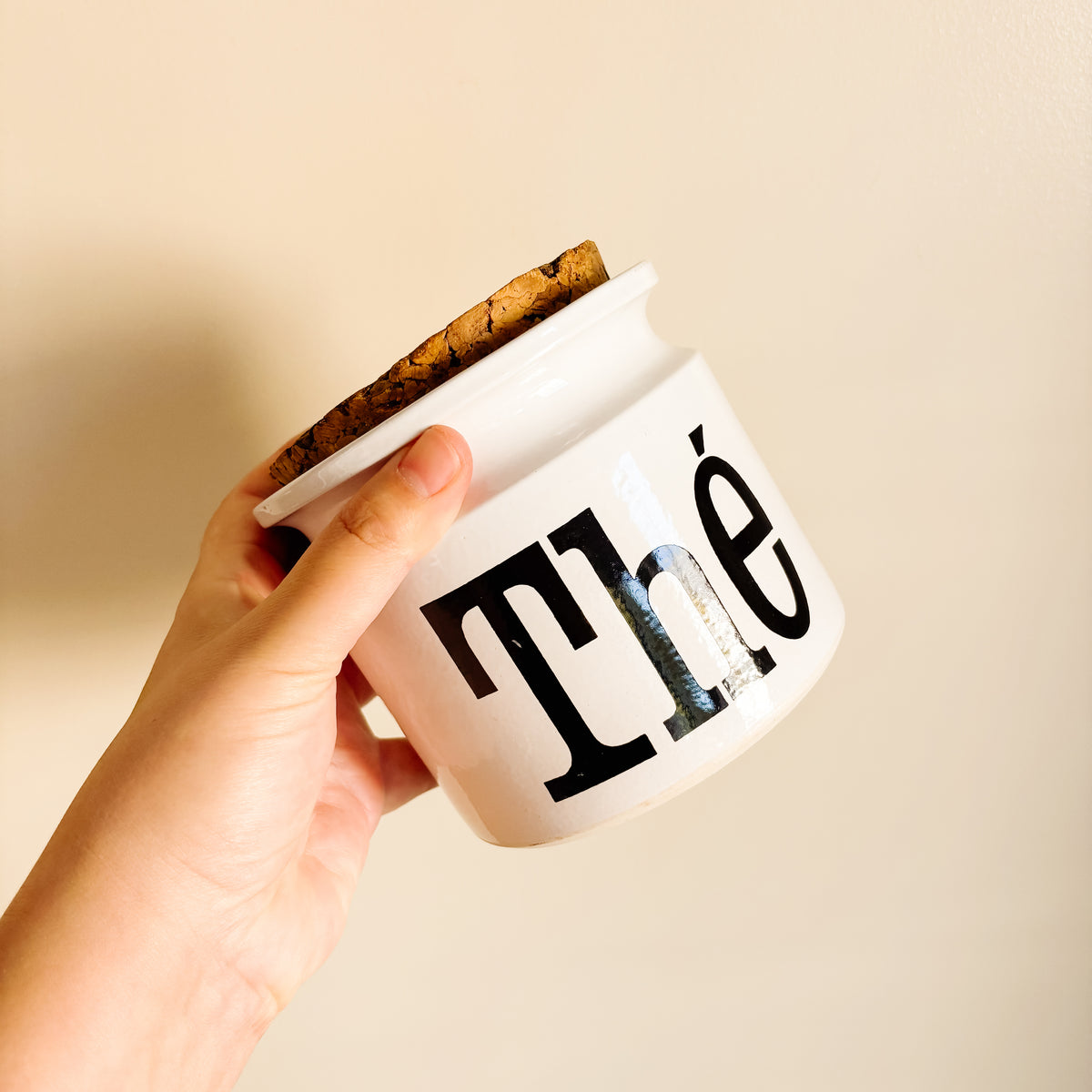 TG Green Spectrum England Ceramic Storage Container with Cork Lid - THÉ (French Text) - 1970s Retro Font Design