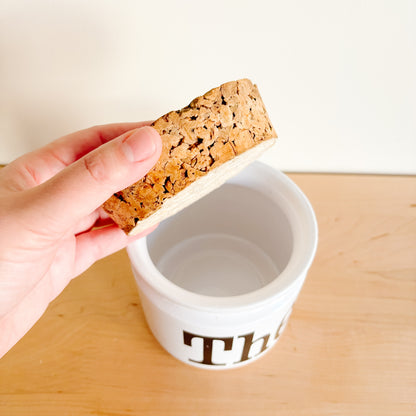 TG Green Spectrum England Ceramic Storage Container with Cork Lid - THÉ (French Text) - 1970s Retro Font Design