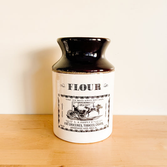 Ye Olde Canadian Crock Prints Two-Tone Ceramic Flour Canister - Made in Canada