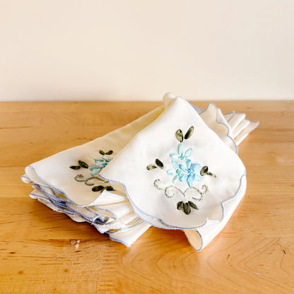 Silky Embroidered Dinner Napkins with Blue Flowers (set of 6)