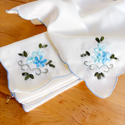 Silky Embroidered Dinner Napkins with Blue Flowers (set of 6)
