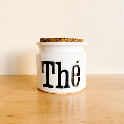 TG Green Spectrum England Ceramic Storage Container with Cork Lid - THÉ (French Text) - 1970s Retro Font Design